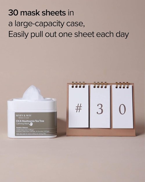 Mary&May CICA Houttuynia Tea Tree Calming Mask - Soothing Daily Sheet Mask for Hydration | 30 Hypoallergenic Sheets
