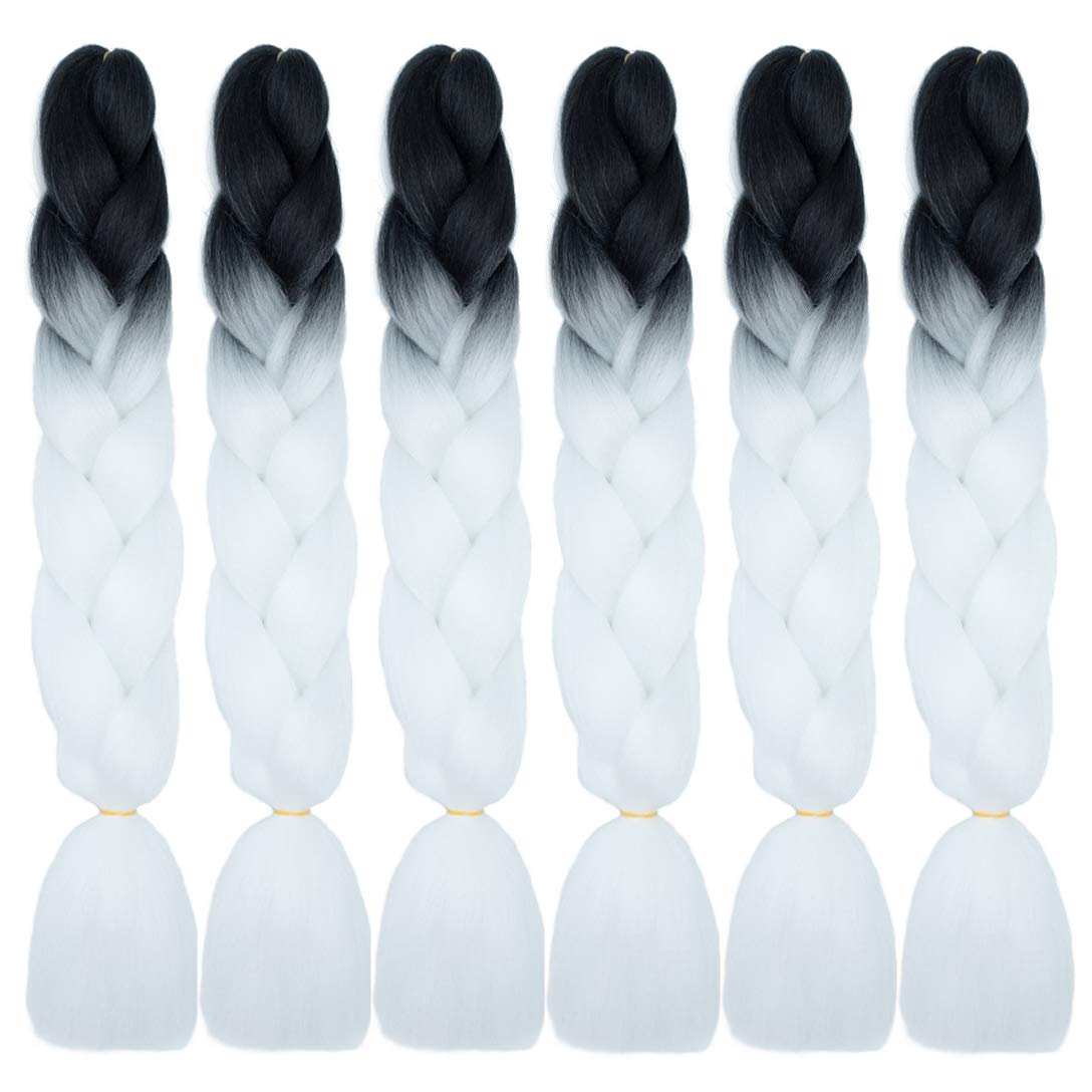 SHUOHAN 6 Packs Ombre Jumbo Braiding Hair Extensions 24 Inch High Temperature Synthetic Fiber Hair Extensions for Box Braids Braiding Hair (Black to White)