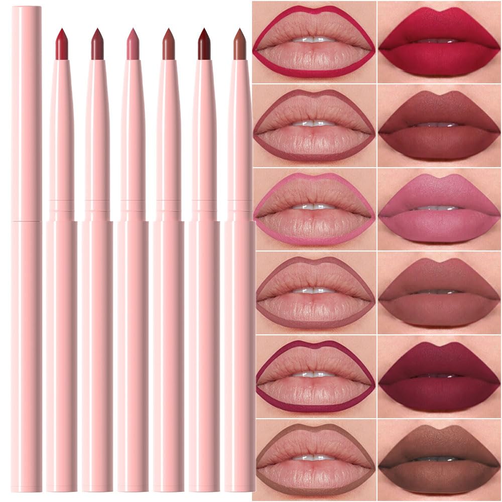 HHLTOH 6Pcs Retractable Lip Liner Pencils Set, Ruby Red Rose Nude Pink Plum Purple Taupe Brown Matte, Long-Lasting Non-Stick Cup Not Fade Waterproof Pigmented Velvet Lipgloss Kit Beauty Cosmetics. 02