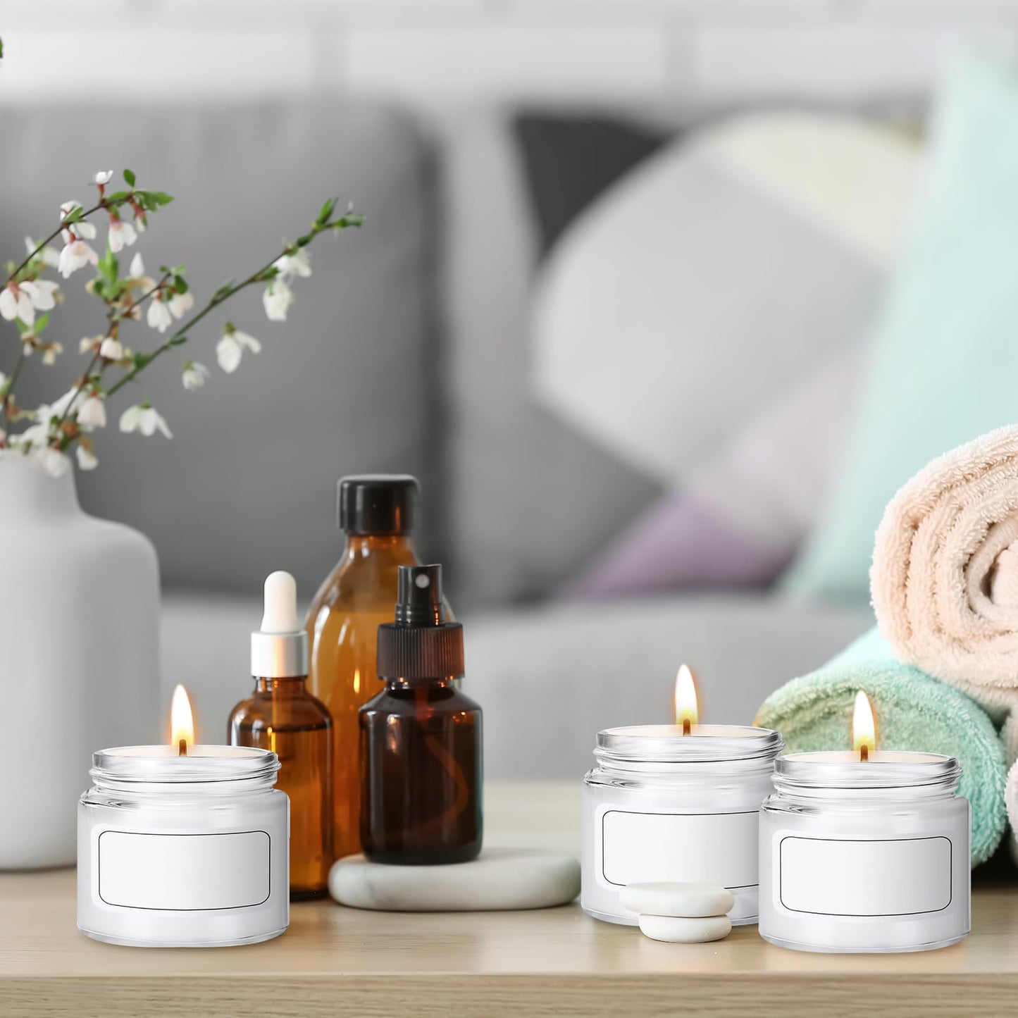 Layhit 12 Pcs Glass Jars with Lids Clear Small Jars with Plastic Woodgrain Lids, White Labels and Inner Liners Empty Round Cosmetic Containers for Creams Lotions Powder Ointments Candle Making (2 oz)