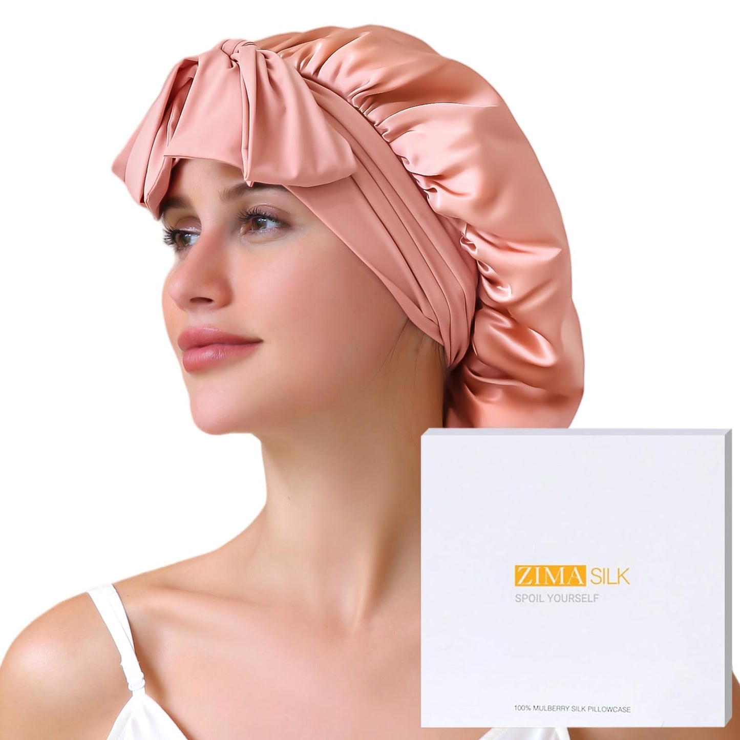ZIMASILK 100% Mulberry Silk Bonnet for Sleeping Women Long Hair Double Layer Silk Wrap with Tie Band Stay On Head for Hair Care (1Pc, Coral)