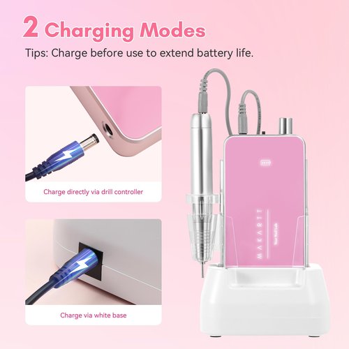 Makartt Nail Drill Professional, 35,000RPM Rechargeable Electric Nail File for Acrylic & Gel Removal, 60W Brushless Motor, 2-in-1 Desktop & Portable, LCD Display, for Home & Salon Use, Nouvella Pink