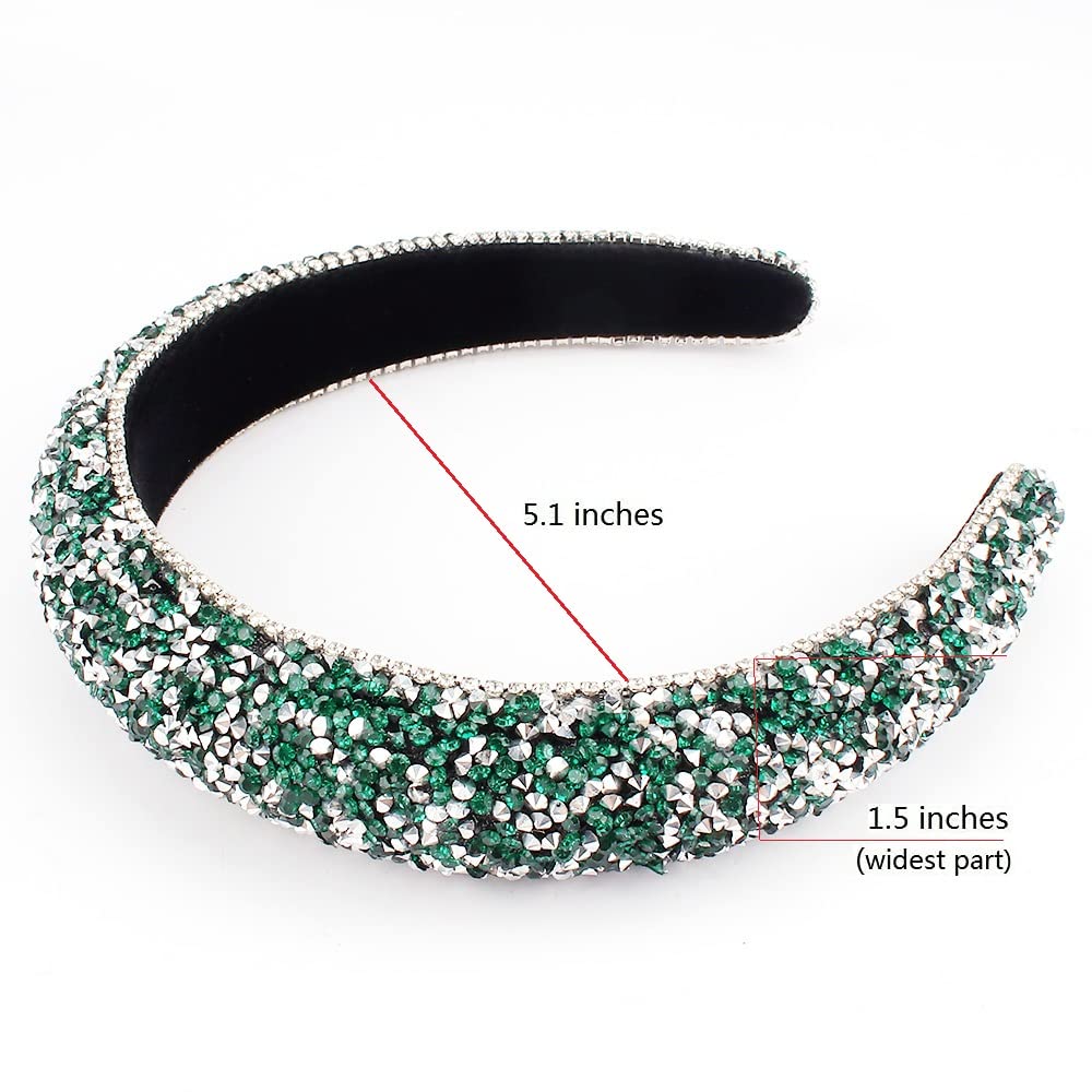 FASOTY Rhinestone Headband Women Fashion Handmade Green Headband Crystal Diamond Bling Headbands Hair Hoops Padded Headband Glitter Beaded Hairband Sparkle Hair Accessories (Green+Silver)