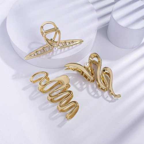 3 PCS Gold Metal Hair Claw Clips for Thick Long Hair, 4.3" Wave Cross Geometric Shape Non-slip Giant Crab Catch Barrettes Hairgrip, Trendy Elegant Women's Hair Accessories Headwear Gift