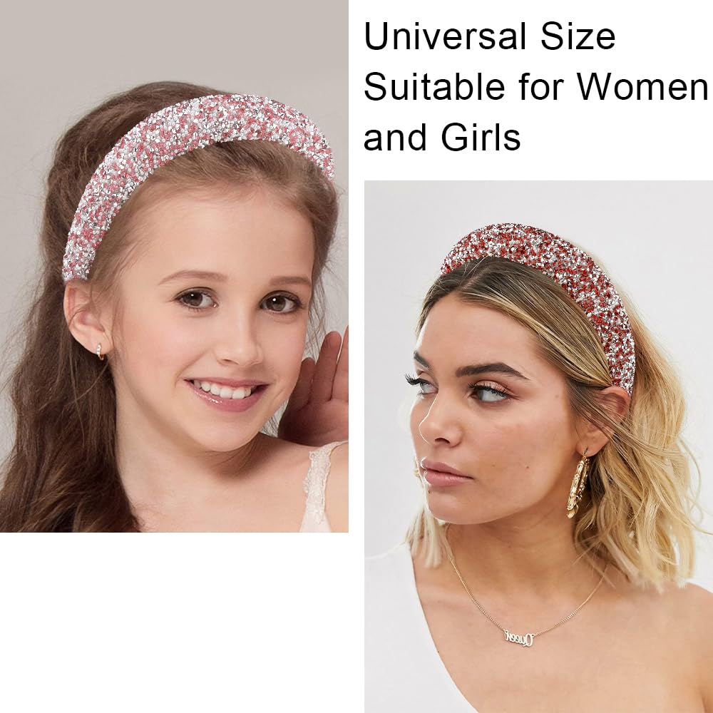 AHONEY 2 Pack Rhinestone Headband Women Girls Thick Padded Headband, Sequin Beaded Pearls Head Band Glitter Cute Headband Birthday Prom Hair Accessories For Women Girls (Pink&Red)