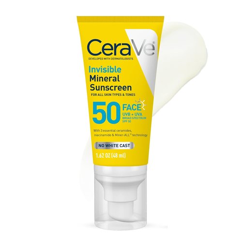CeraVe Invisible Mineral Sunscreen SPF 50 - Sensitive Skin Face Protection with Zinc Oxide & Ceramides | Travel Size 1.62 oz