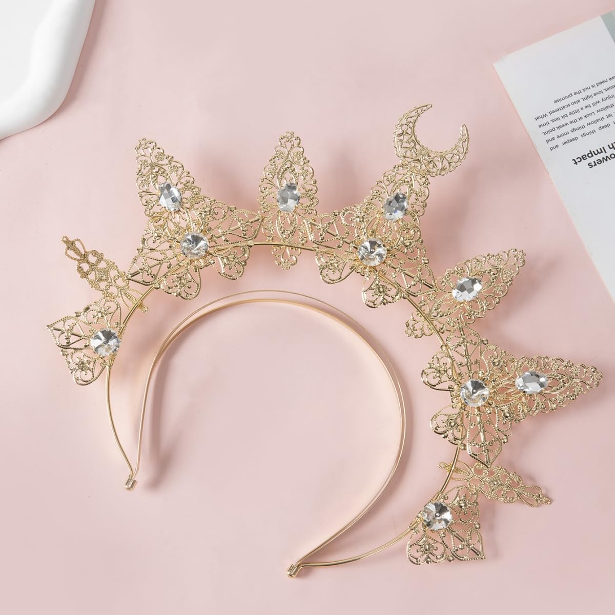 Bubbmi Women Halo Crown Headband with Rhinestone，Moon Goddess Tiara Halloween Cosplay Party Costume Headpiece