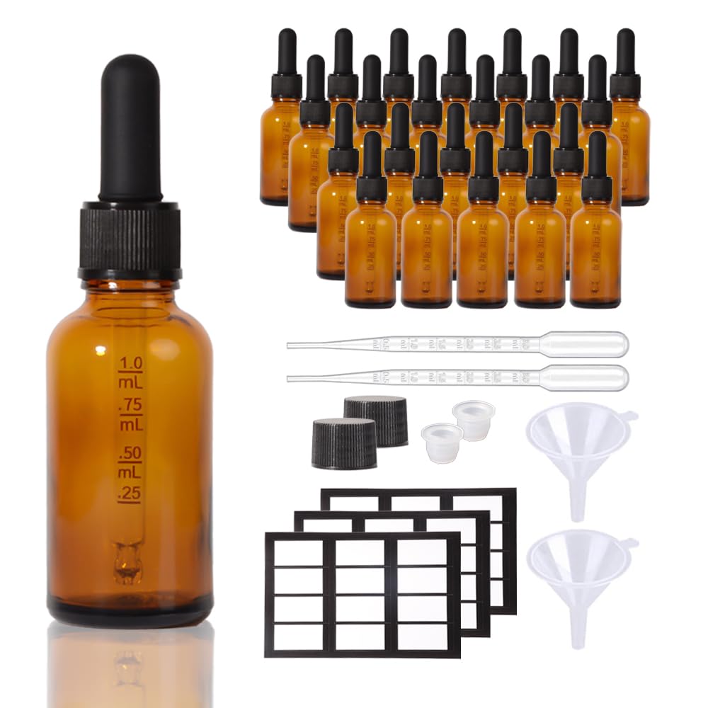 Stellacare 24 Pack, Glass Dropper Bottles 1oz for Oil with Small Funnel,Small Travel Containers Tincture Bottles with Dropper