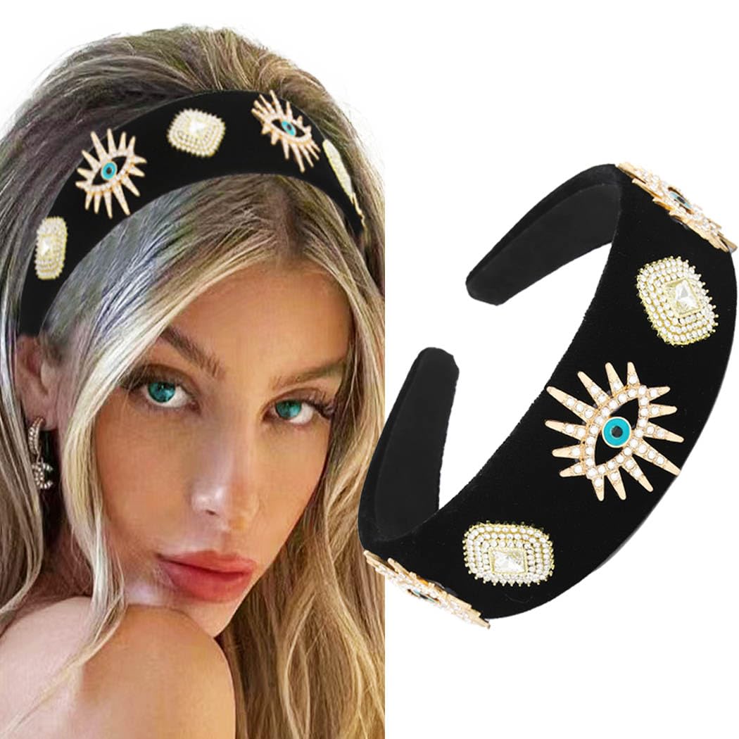 Sinalty Black Baroque Wide Headbands Evil Eyes Hairbands Jeweled Rhinestones Hair Band Prom Headpieces for Women (Unique)