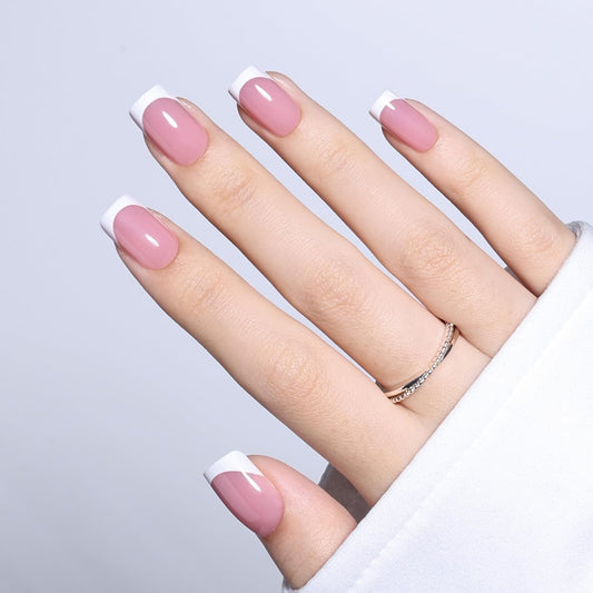 Skiennix White French Tip Press On Nails - Reusable Pink Short Square Fake Nails | 32pcs in 16 Sizes for Women & Girls