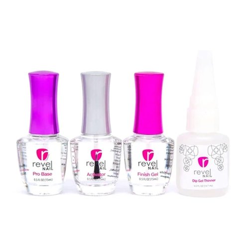 Revel Nail Dip Powder Liquid Set - Base Coat, Activator, Finish Gel & Thinner | 0.5oz Made in USA