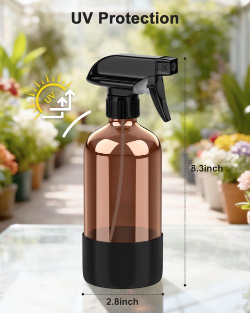 Bontip Amber Glass Spray Bottle - 16 oz Refillable with Silicone Sleeve for Cleaning & Aromatherapy (Black)