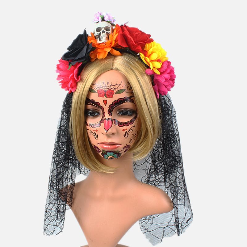 Bubbmi Mexican Flower Crown Headband with Black Veil, Day of the Dead Headpiece, Halloween Easter Festival Headwear with Skull, Dia De Los Muertos Hairhoop