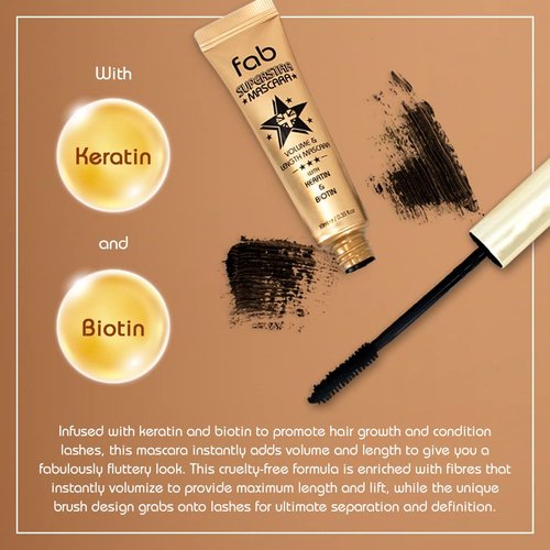 Fab Superstar Mascara: Waterproof Volumizing High Lash Lift Beauty Mascara: Black Liquid Mascarra for Bold Volume and Length - Infused with Keratin and Biotin for Longer, Better Defining Lashes - 10ml