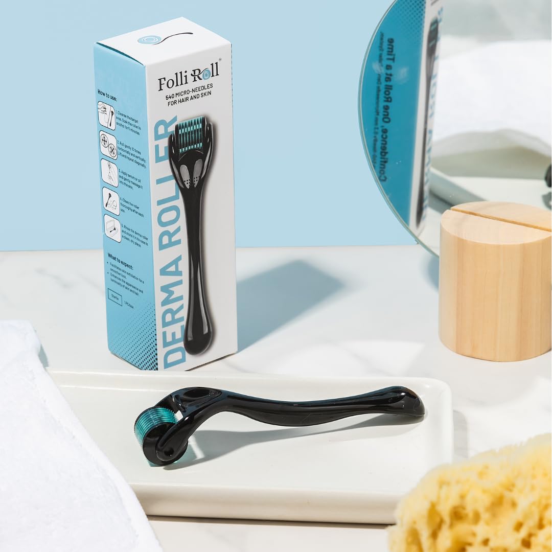 FOLLIROLL Derma Roller - 540 Microneedles for BEARD, HAIR & SKIN | Microneedling Roller for Men and Women - for Face & Scalp Derma Stamp - FREE STORAGE CASE (Blue, 0.30mm)