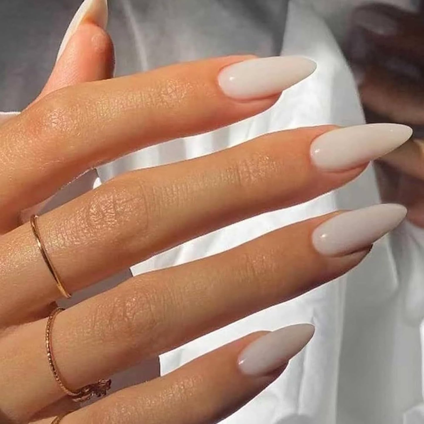 Skiennix Cream White Press-On Nails - Medium Almond Glossy Acrylic Fake Nails for Women