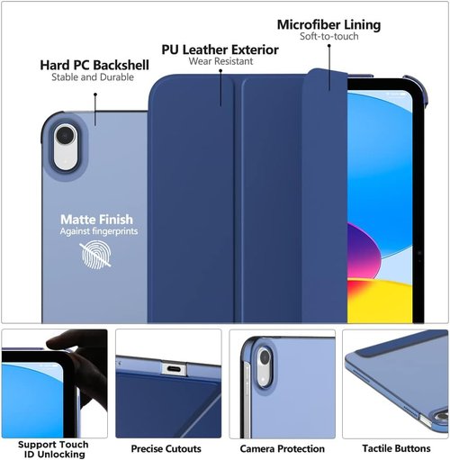 MoKo iPad Case - Slim Stand Hard PC Cover for 11" (A16) & 10.9" (2022) - Navy Blue, Touch ID Support, Auto Wake/Sleep