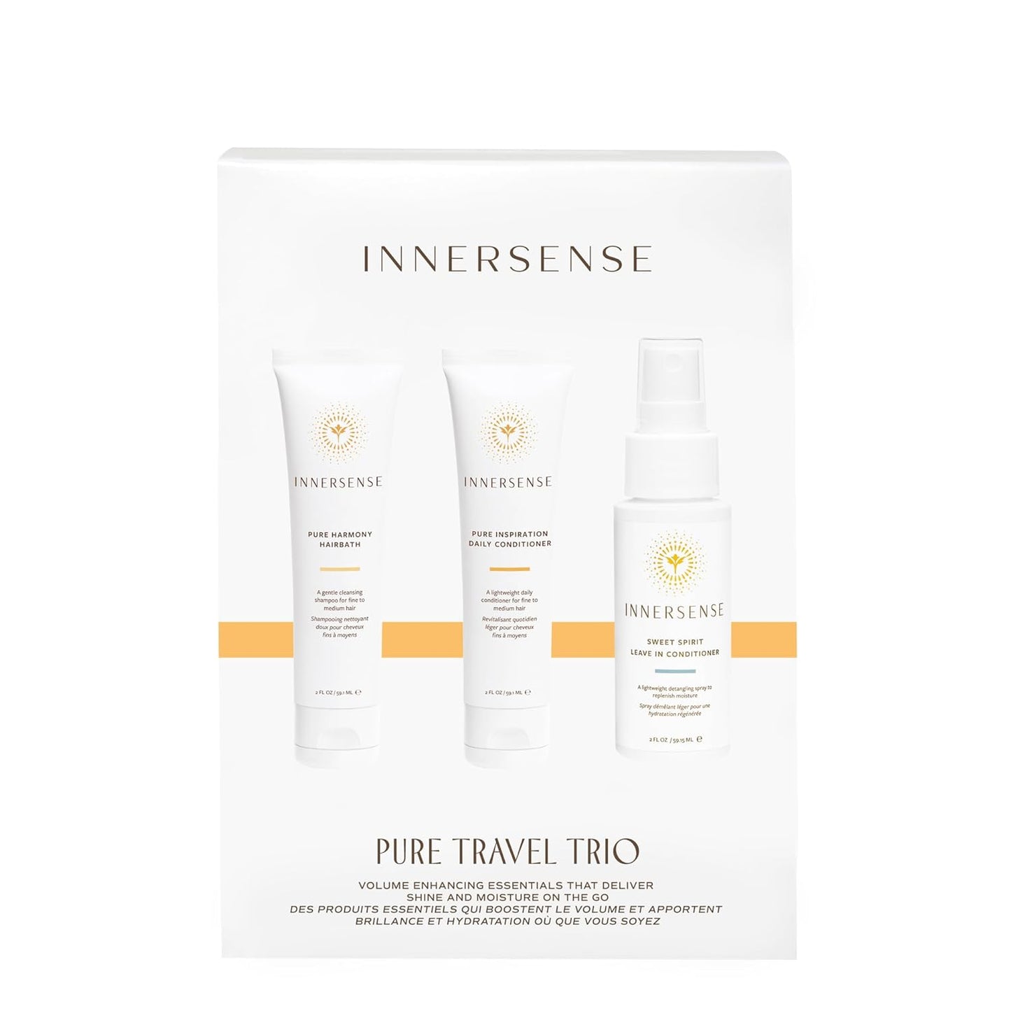 Innersense Organic Beauty - Pure Harmony Travel Hair Trio | Non-Toxic, Cruelty-Free, Clean Haircare (Pure Harmony Hairbath + Conditioner, Sweet Spirit Leave-In Conditioner) PACKAGING MAY VARY