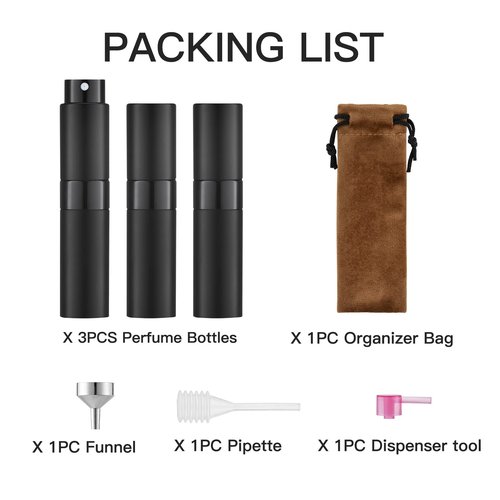 LISAPACK 8ML Atomizer Perfume Spray Bottle for Travel (3 PCS) Empty Cologne Dispenser, Portable Sprayer Travel Essentials for Men and Women (Black)