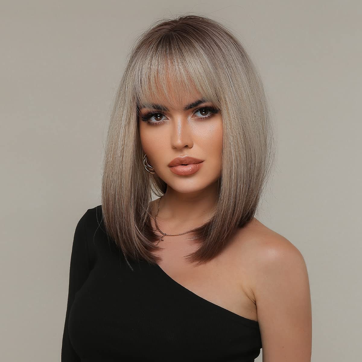 BERON Brown Blonde Ombre Wig for Women Ombre Brown Blonde Bob Wig Short Straight Brown Blonde Ombre Wig with Bangs Dark Roots Gray Synthetic Heat Resistant Wig Cap Included