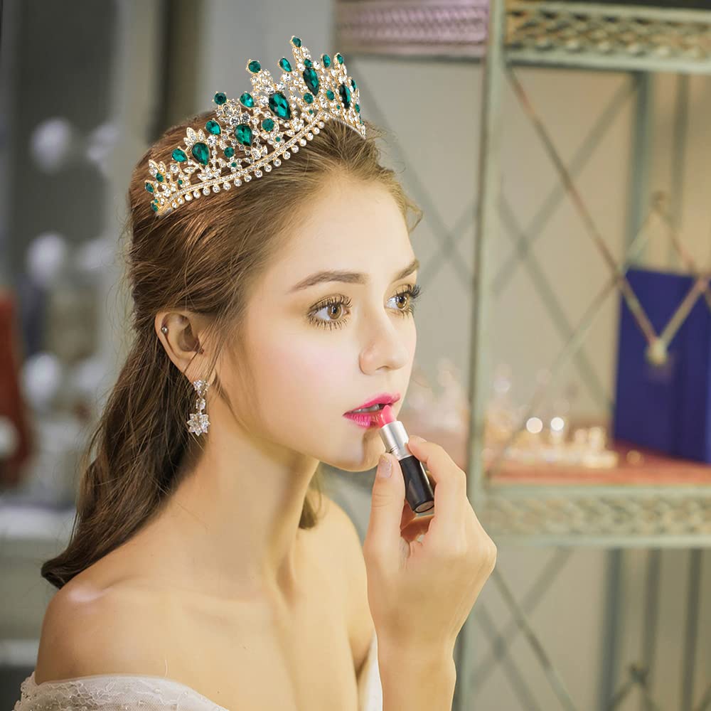 TOBATOBA Queen Crown Green Tiaras and Crowns for Women Rhinestone Princess Tiara Bridal Crown Mermaid Crown Women Gold Crown, Hair Accessories for Costume Party Brithday Halloween