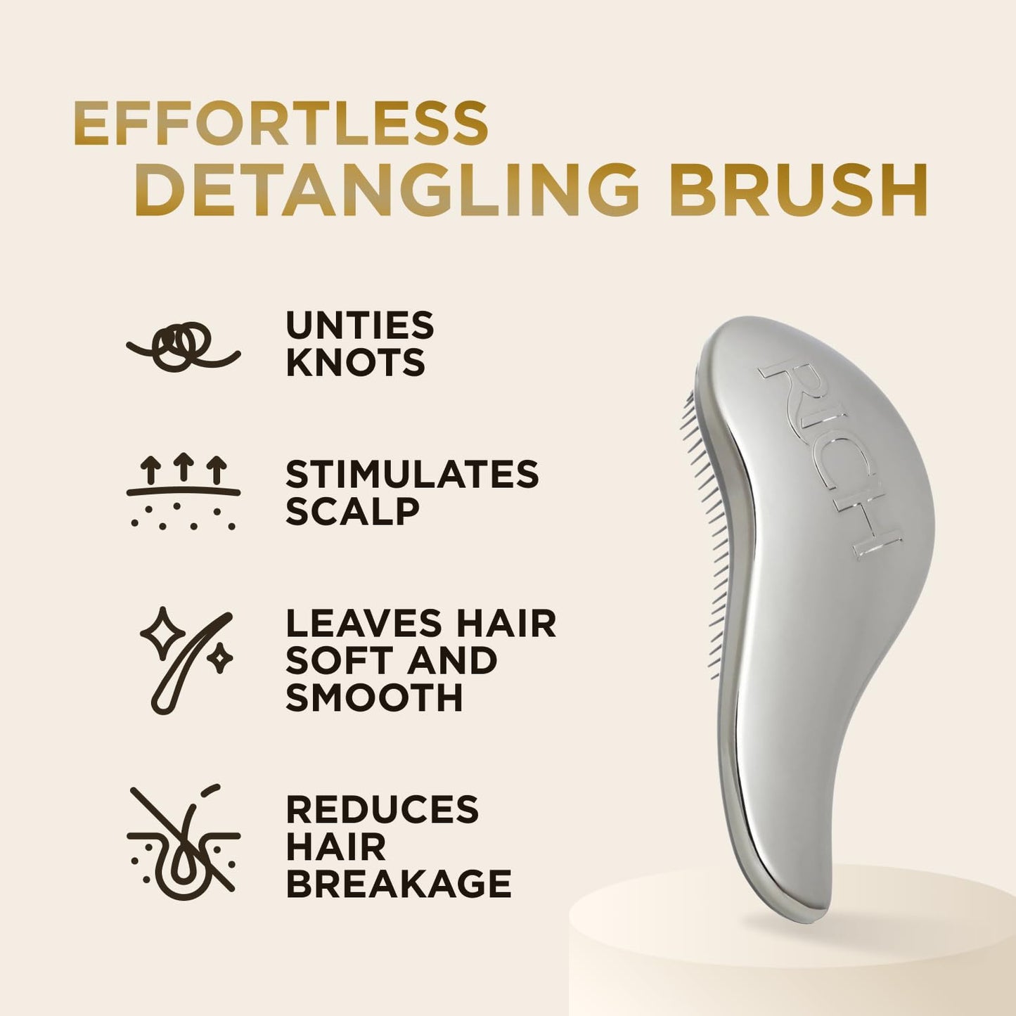 RICH Hair Care Silver Glamour Satin Touch Detangling Brush- Dry and Wet Hair Brush Detangler for All Hair Types - Keeps Hair Smooth, Anti-static, Reduces Frizz for Men, Women and Kids