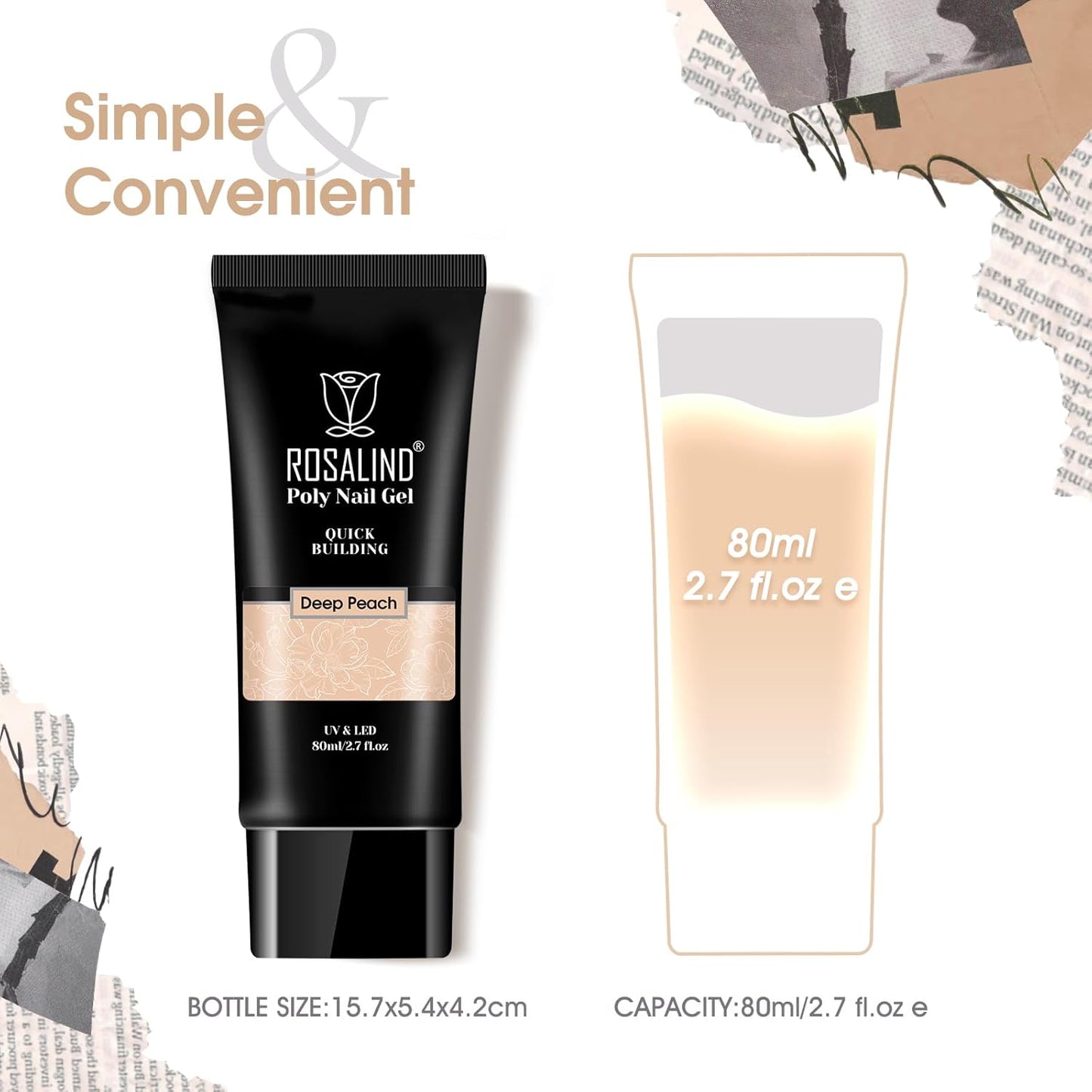 Nude Poly Extension Gel, ROSALIND 2.7 oz Light Nude Poly Nail Gel Builder for Nail Art Decoration, Thickening Extension Easy to DIY Use at Home Need UV Lamp