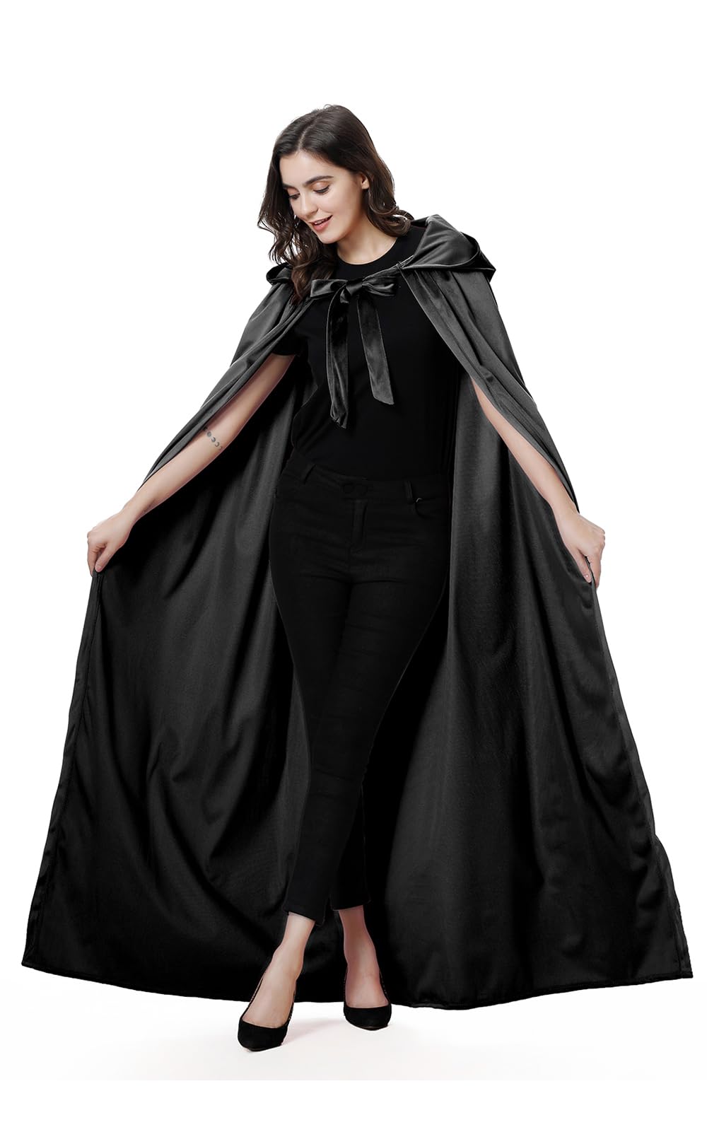 yolsun Unisex Adult Deluxe Wool-Blend Hooded Cloak Dutch Velvet Cape for Halloween Cosplay Costumes(Black,59'')