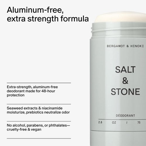 Salt & Stone Aluminum Free Deodorant - Extra Strength 48 Hour Protection for Men & Women | Seaweed Extracts & Niacinamide | Bergamot & Hinoki Scent