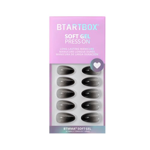 BTArtbox Press On Nails Short - Grave Shine, Sparkle Black Almond Press On Nails with Nail Glue, Soft Gel Glue On Nails in 16 Sizes - 32 Stick On Nails Kit