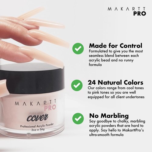 MakarttPro Acrylic Powder - Durable, Easy-Apply Formula for Nail Extensions & Art - 56g/2oz - Pink Pearl