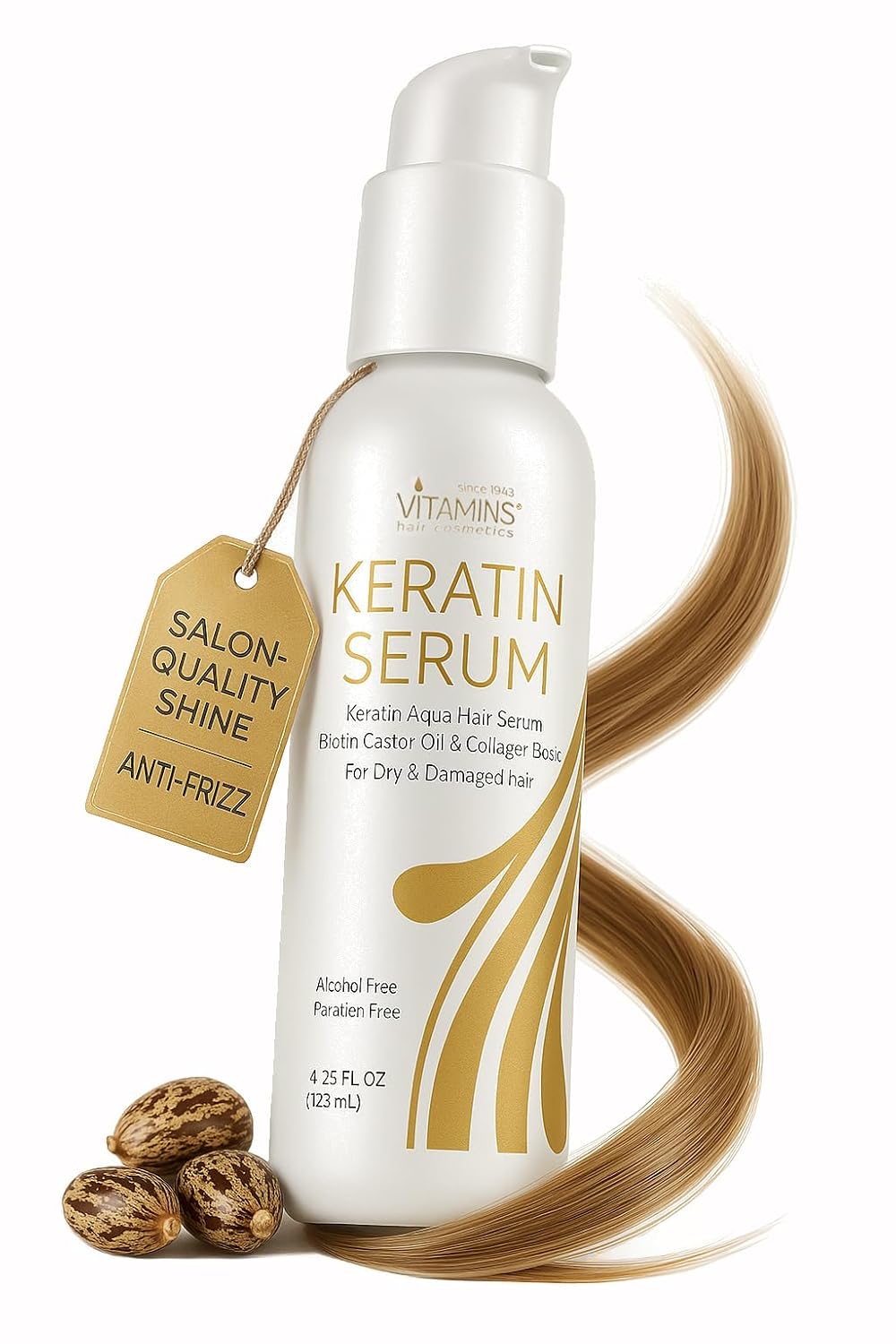 VITAMINS Keratin Hair Serum Oil - Anti-Frizz Treatment for Dry, Damaged Hair with Biotin & Castor Oil | 4.25 fl oz