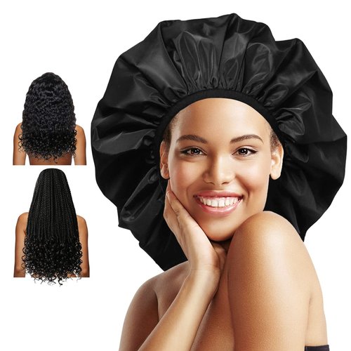 Auban Extra Large Shower Cap - Double-Layer Waterproof Bonnet for Thick, Long Hair | Black Satin Lining