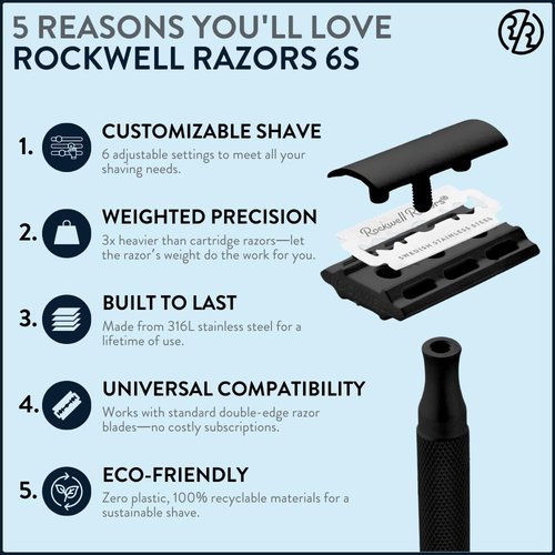 Rockwell Razors 6S Adjustable Black Stainless Steel Safety Razor - 6 Settings for Custom Shaves | Reduces Razor Burn