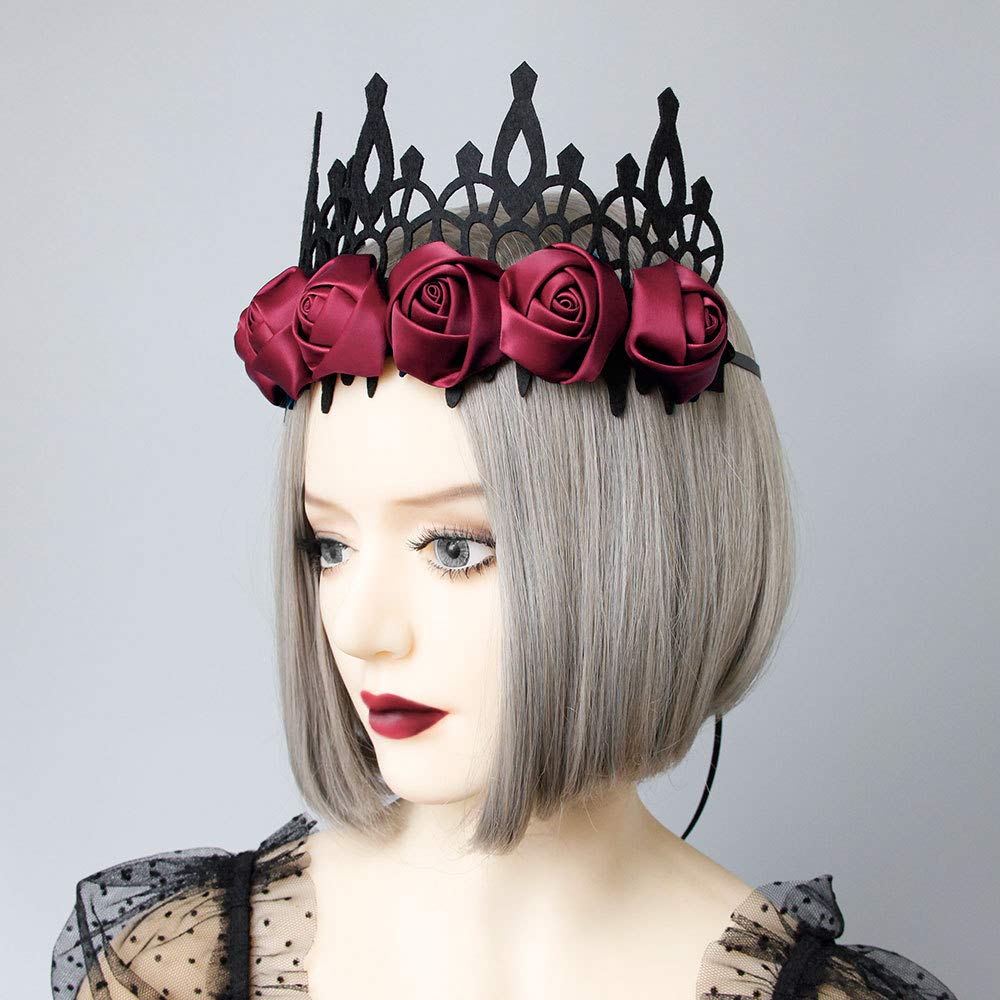 Love Sweety Halloween Vintage Crown Rose Headband Gothic Floral Headpiece (Satin Black and Red)