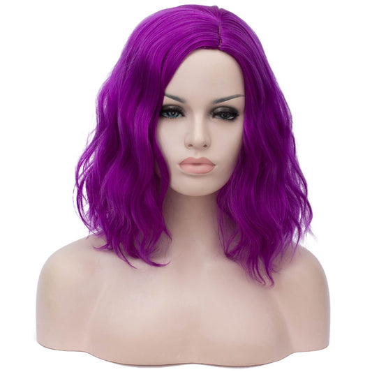 BUFASHION 14" Women Short Dark Purple Kinky Straight Cosplay Synthetic Wigs With Air Bangs 46 Colors Available (Dark Purple 2)