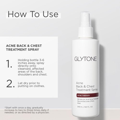 Glytone Chest & Back Acne Treatment Spray - 2% BHA Salicylic Acid & Gluconolactone - Quick-Dry, Fragrance-Free Formula for Body Acne - 8 fl oz