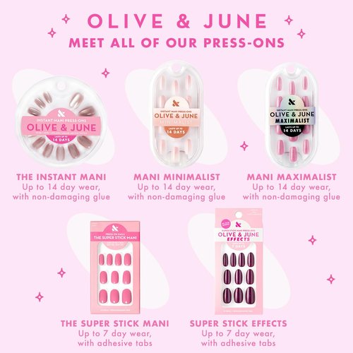 Olive & June Classic Super Stick Mani Press On Nails | No Glue Needed | 32 Tab Nails 16 Sizes | Non-Toxic Tabs Non-Damaging 7-Day Wear | Spring Flowers & Patterns | Short, Round | Gelato Pink