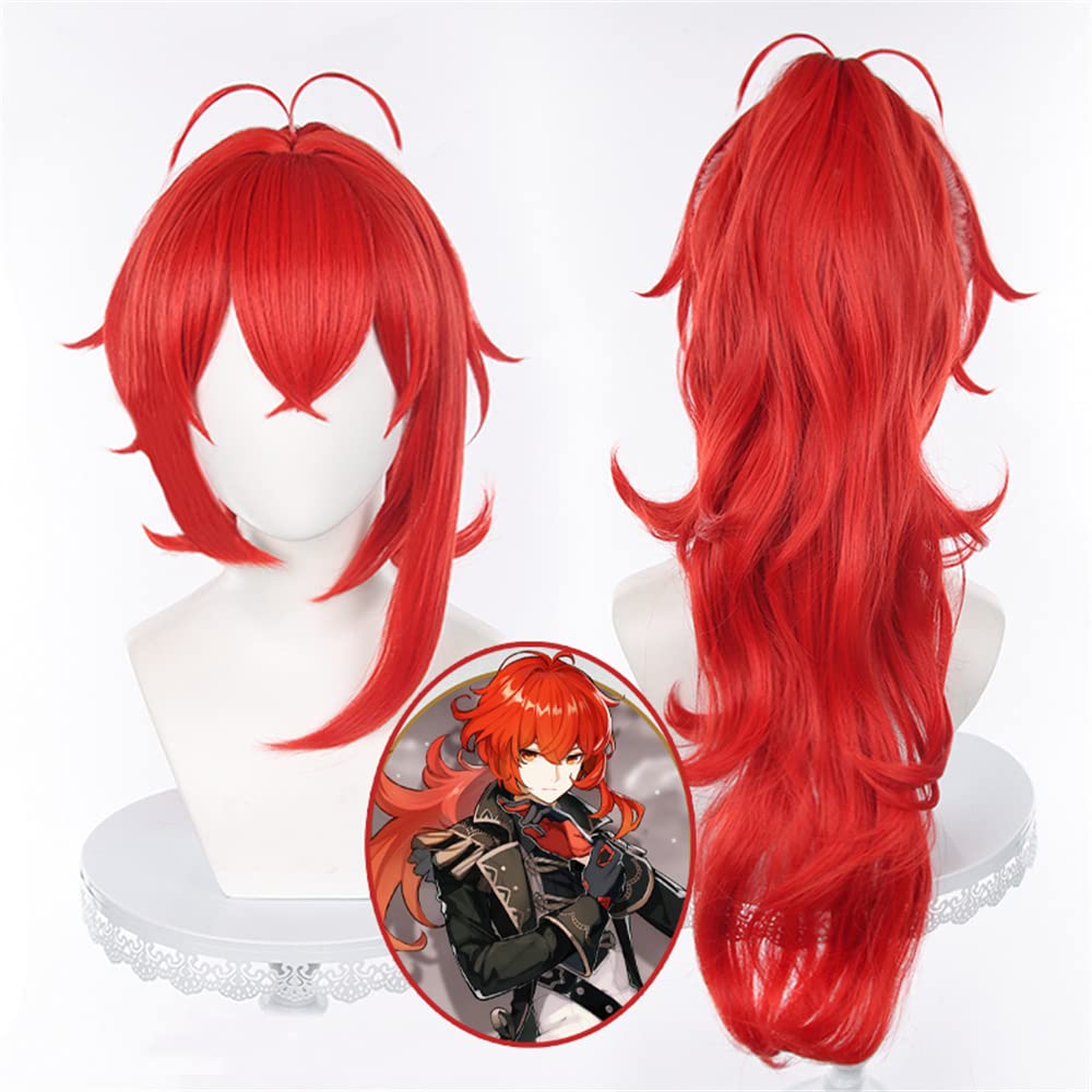 Mystylecos Genshin Impact Cosplay Wig Diluc Red Long Ponytail Reverse Curly Wig