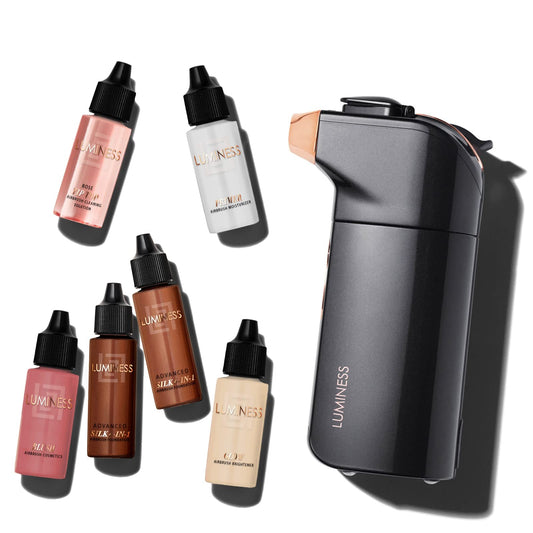 Luminess BREEZE DUO Airbrush Makeup System, Rich Coverage – 9-Piece Kit includes 2x Silk Airbrush Foundation, Plum Shade Blush, Glow Highlighter, Moisturizer Primer, and Airbrush Cleaning Solution
