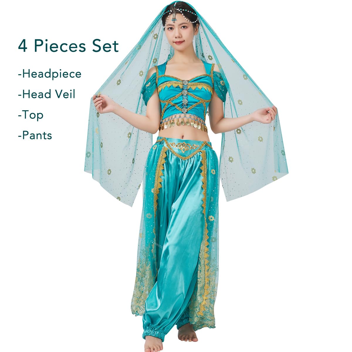 COWINTIC Belly Dance Princess Costume - Aladdin Jasmine Cosplay Outfits Halloween Party Teal Costumes for Women/Girls(Adult,XL)