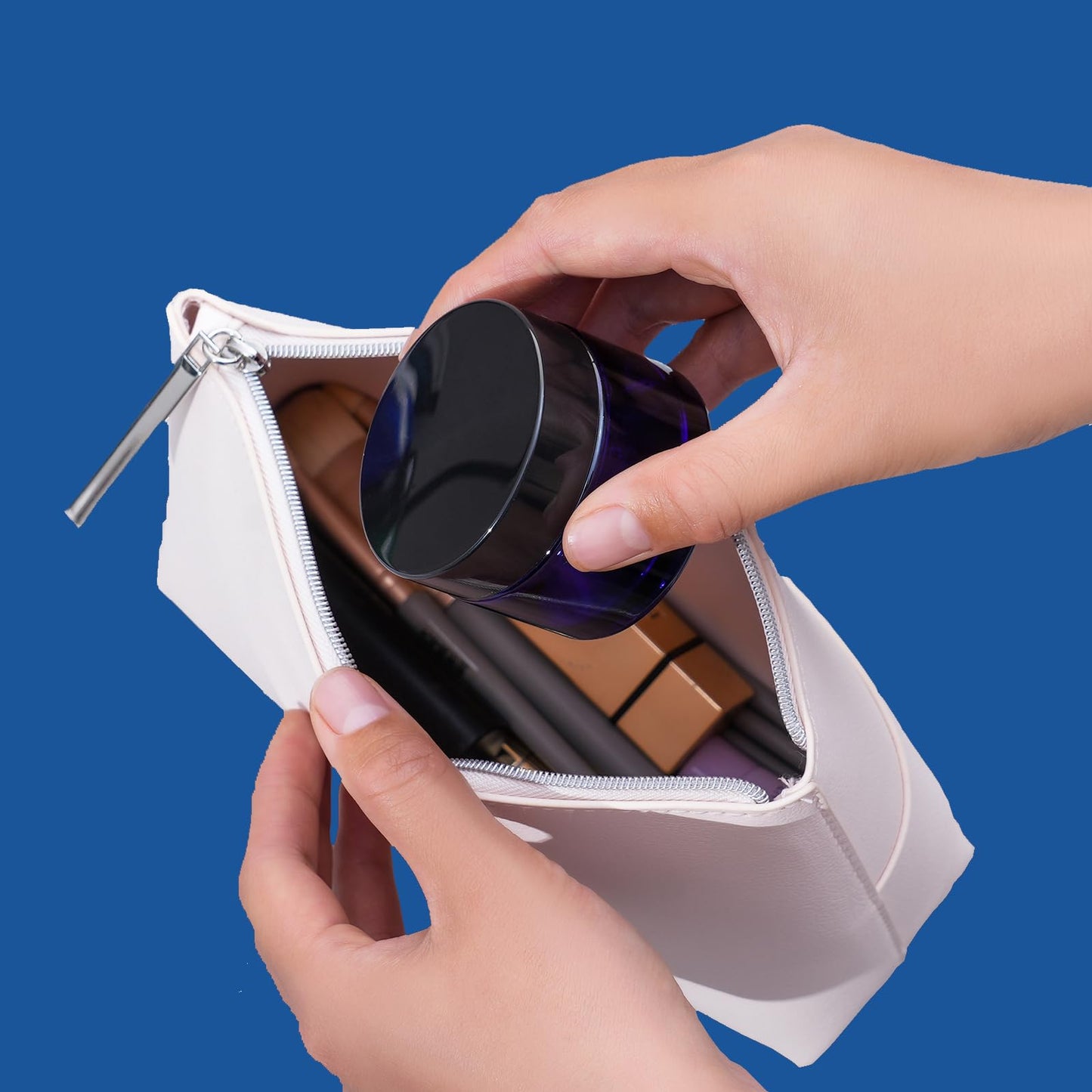 OverNews 4PCS 2oz Glass Jar Travel Size, Empty Cosmetic Lotion Container with Black Lid & Spatula, Small Mini Jar for Beauty (Blue)