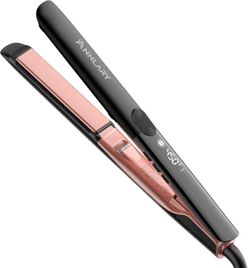 Annlary Hair Straightener - 1 Inch 2-in-1 Flat Iron & Curler | Titanium Ceramic Ionic, Dual Voltage, Heat-Resistant Silicone for Smooth, Frizz-Free Hair