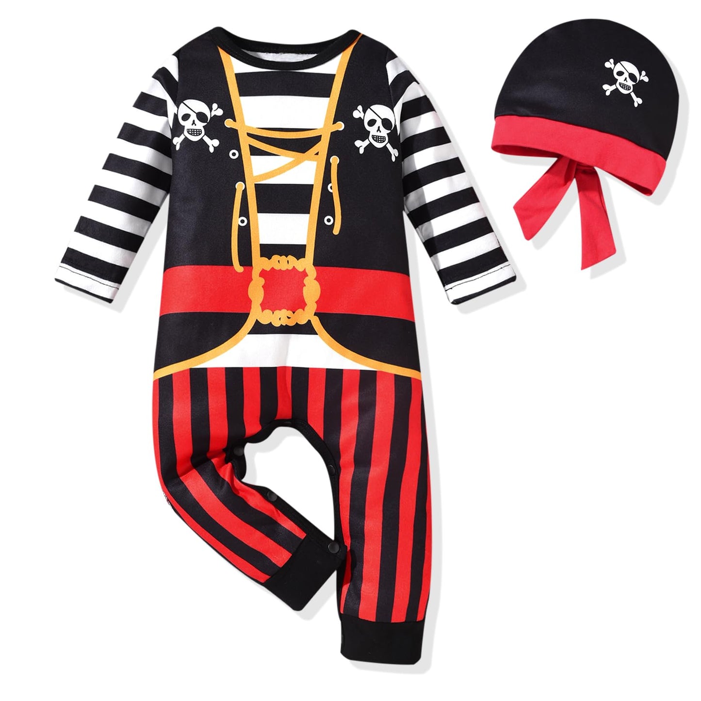 3-6 Months Infant Baby Boys Halloween Outfit Skull Clothes Stripe Long Sleeve Bodysuit with Hat