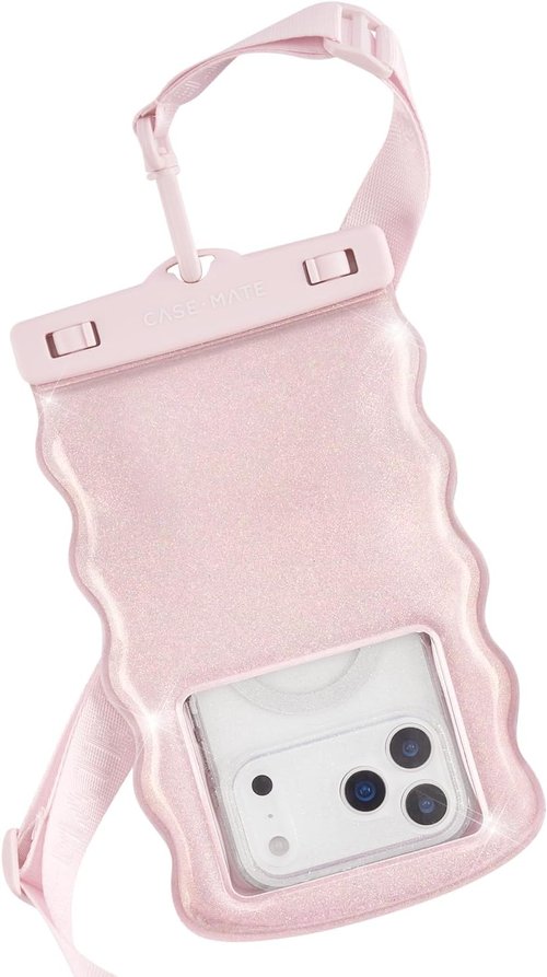 Case-Mate Wavy Waterproof Phone Pouch - Large Floating Case with Crossbody Lanyard - Ideal for Travel | Ballet Pink Twinkle