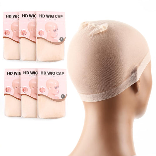 ELIHAIR HD Wig Caps Transparent Stretchy Stocking Cap Invisible Wig Cap Thin Nylon HD Cap for Lace Wigs Accessories for Women(Beige 6packs of 12pcs)