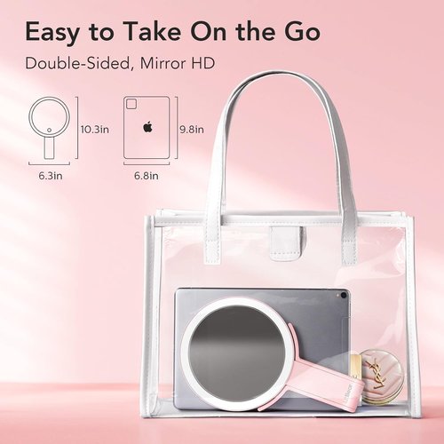 LitBear Travel Makeup Mirror - Rechargeable Double-Sided 10X/1X Magnifying Mirror | Portable Lighted Beauty Mirror with Dimmable Touch Screen (Pink)