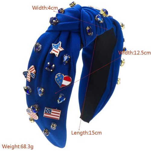 4th of July American Flag Star Charm Headband for Women Blue Crystal Top Knotted Blue Headband Patriotic American Map Heart Butterfly Charm Wide Hairband (14.7butterfly heart-blue)