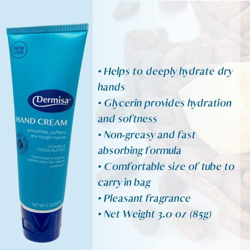Dermisa Hand Cream with Cocoa Butter, Vitamin E and Collagen - Fast-Absorbing and Non-Greasy Moisturizer for Dry, Rough Hands - 3.0 Oz