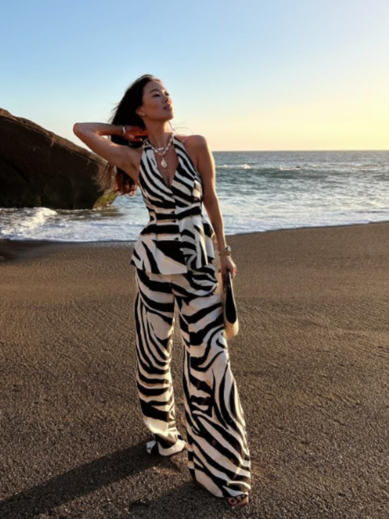 Skiennix 2-Piece Zebra Print Outfit - Halter Top & Wide Leg Pants for Summer Vacations